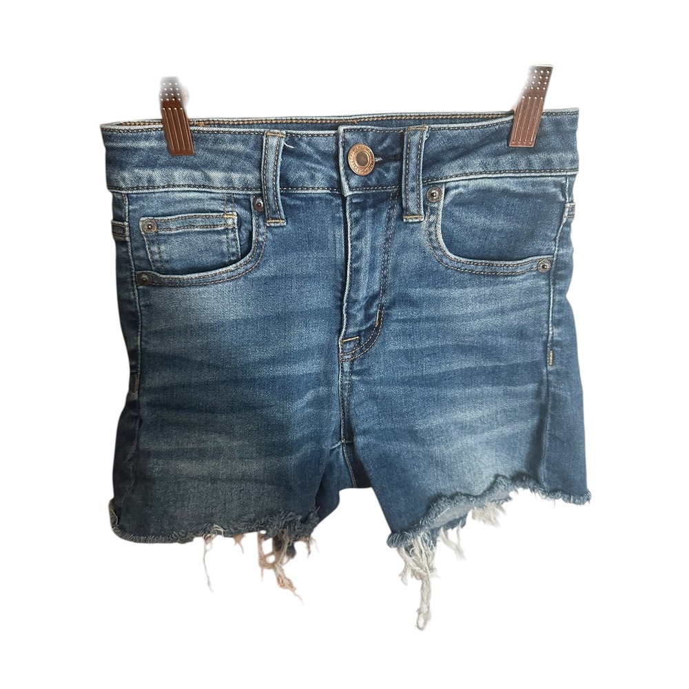 American Eagle Hi-Rise Shortie Denim Shorts Blue Raw Hem Size 00 stretch